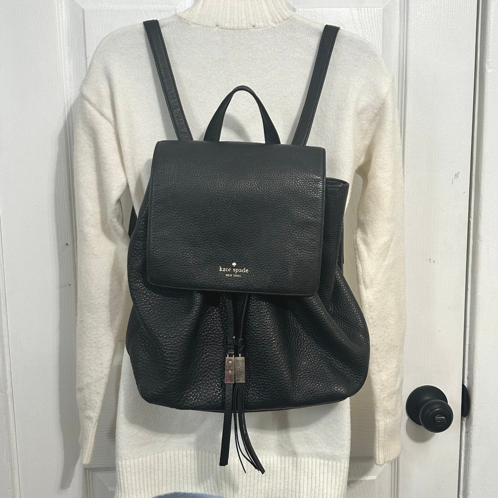 Kate Spade New York Black Pebbled Leather Flap Drawstring Backpack